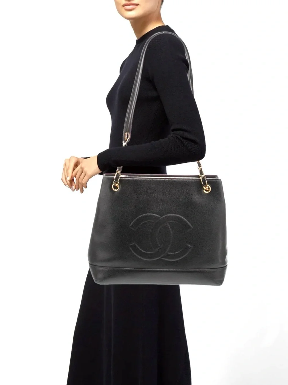 Authentic Chanel CC black caviar leather shoulder bag tote gold hardware